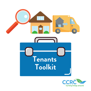 An image of a magnifying glass, a home and a moving truck with the title 'Tenants Toolkit' on top of a blue toolbox