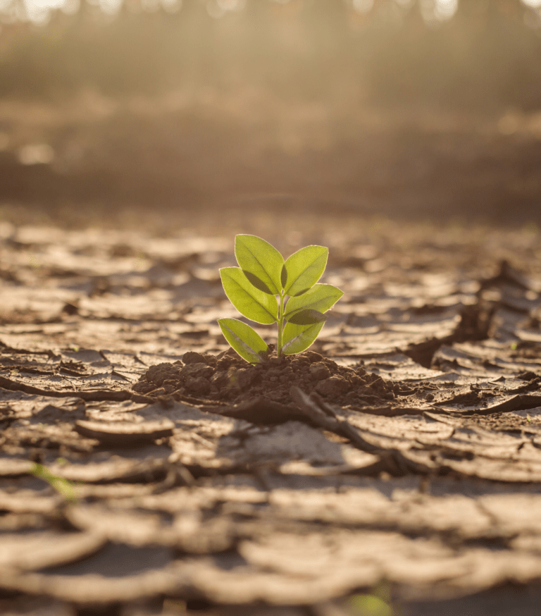 A green plant growing out of hard ground